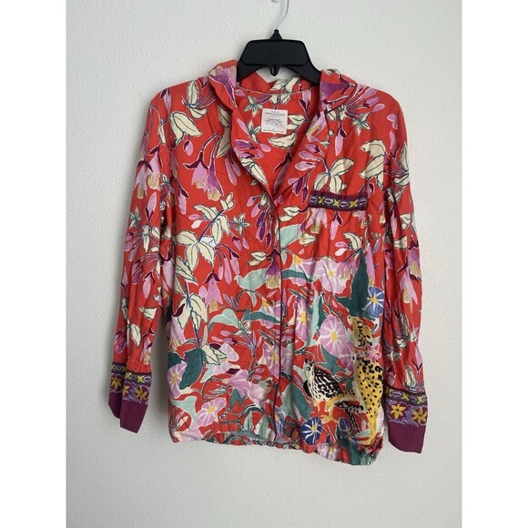 ANTHROPOLOGIE Lil Sire Cheetah Dreams Flannel Sleep Top Lounge Art Animal Medium - Picture 5 of 13